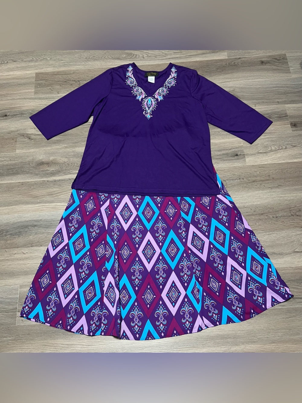 Bob Mackie Large Pull On Maxi Skirt & Top Set Purple Blue Wearble Art 2 pc